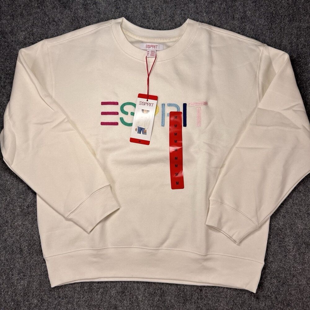 Esprit Women's Logo Fleece Crewneck Sweatshirt Cream Viral 80's Costco Med NEW - Picture 3 of 6